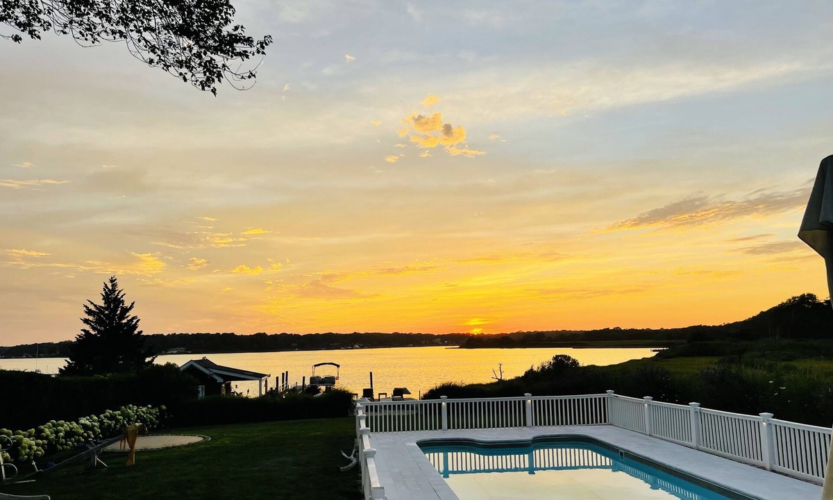Moriches House | Bay front Hamptons home with direct sunsets and private dock with pontoon boat