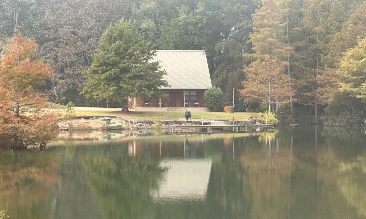 Longleaf Cabin | Cozy Cabin setting behind a 1 1/2 acre pond that is lined with Cypress Trees.