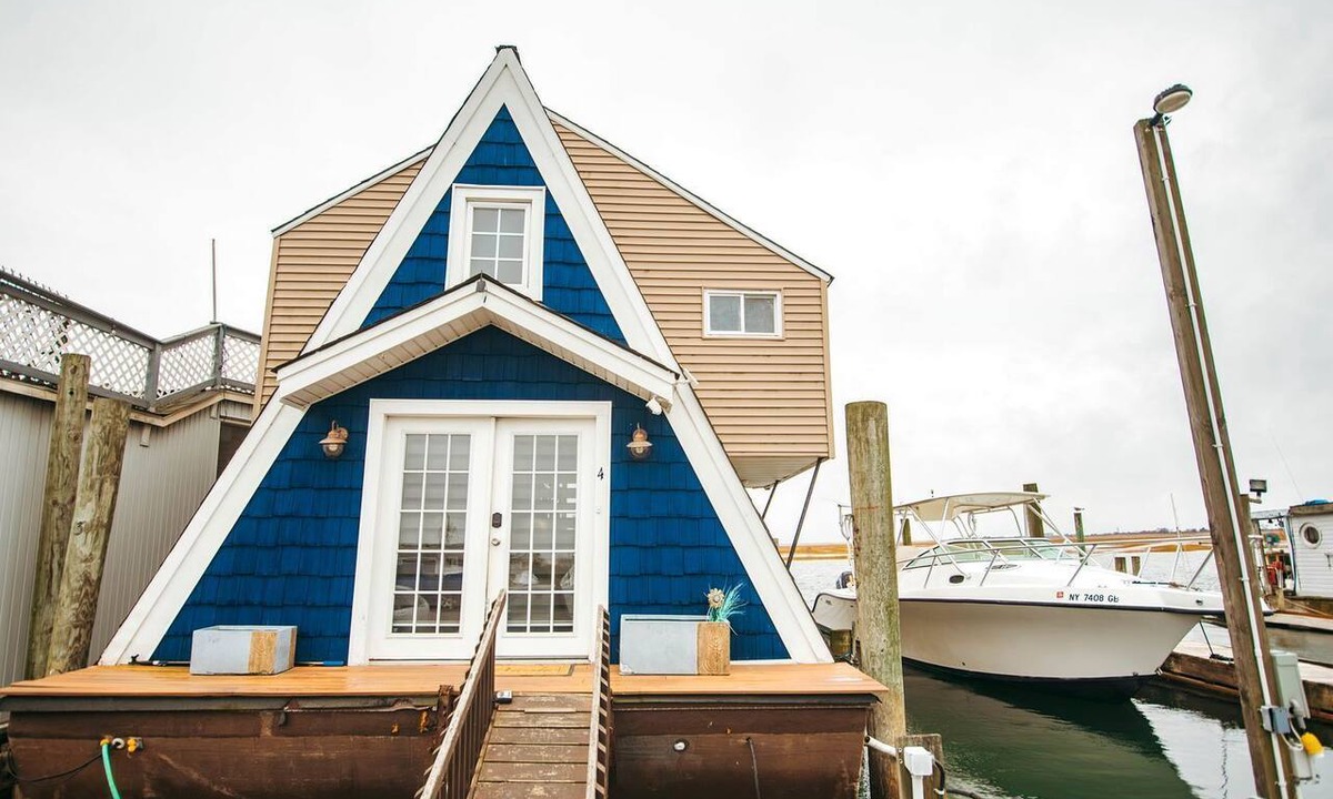 Seaford Boat Rental | Unique Cozy A-Frame Houseboat Close to Jones Beach for an Unforgettable Coastal Getaway in Seaford, New York