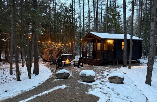 Boyne City Cabin | Cedarmoss Tiny Cabin Sleeps 2 Hot tub Sauna Private Trail FirePit Boyne Mountain