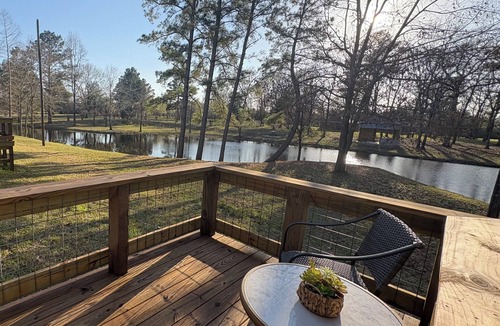 Lufkin Cabin | Chicken Coop Waterfront Cabin on Stocked Pond