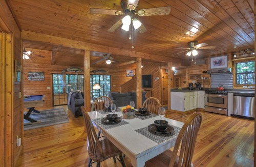 Ellijay Cabin | Keeping it Reel -Your pet-friendly creekfront haven, complete with hot tub, firepit, pool table, WiFi, and superb fishing