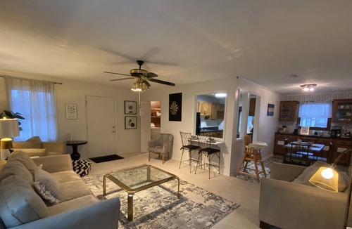 Bloomington House | Pet friendly, spacious single level black and white themed home. Cozy Fireplace!