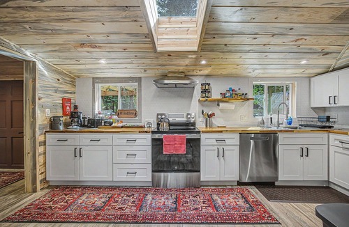 Mount Hood Village Cabin | Private Mt Hood Riverfront w/Sandy Beach, Hot Tub, 2 Kings, Dog Friendly