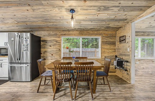Mount Hood Village Cabin | Private Mt Hood Riverfront w/Sandy Beach, Hot Tub, 2 Kings, Dog Friendly
