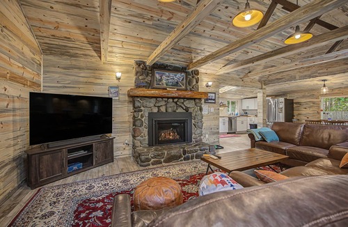 Mount Hood Village Cabin | Private Mt Hood Riverfront w/Sandy Beach, Hot Tub, 2 Kings, Dog Friendly
