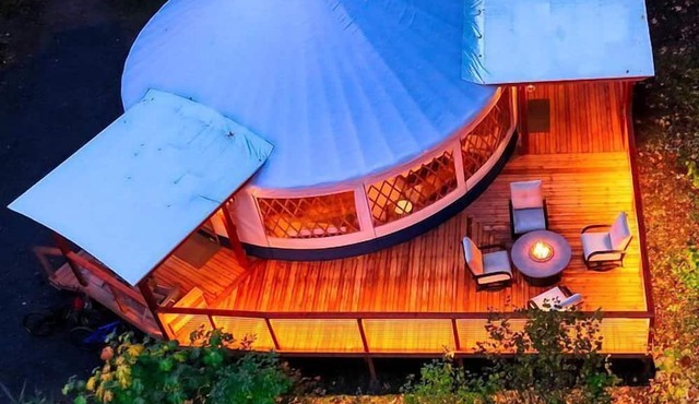 Modern Luxury Yurt with Firepit Table & Skylit Dome near Carson, Washington