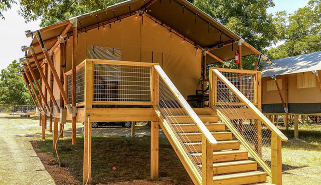 Safari Tent Cabin with Campfire & River Views in Kingsbury, Texas