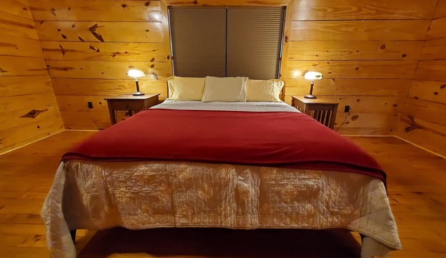 Waterfront cabin with private beach, decks with water views, secluded in trees